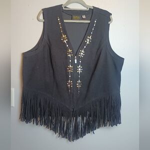 Bob Mackie Wearable Art Black Fringe Vest Studded Western Boho Size 3X